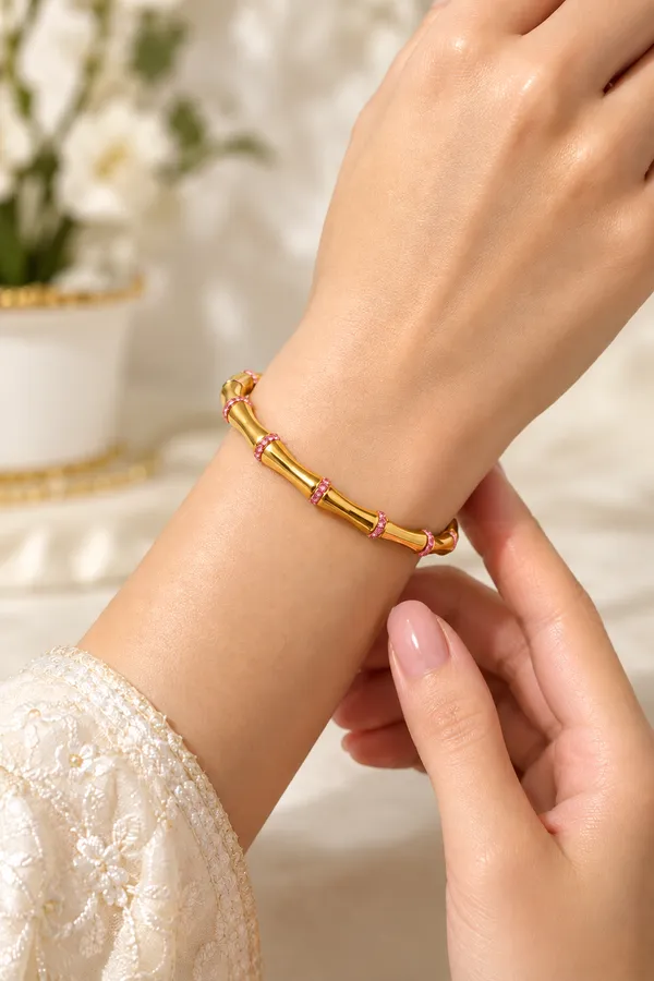Gold_Pink_Stone-Studded_Stainless_Steel_Bangle_For_Women
