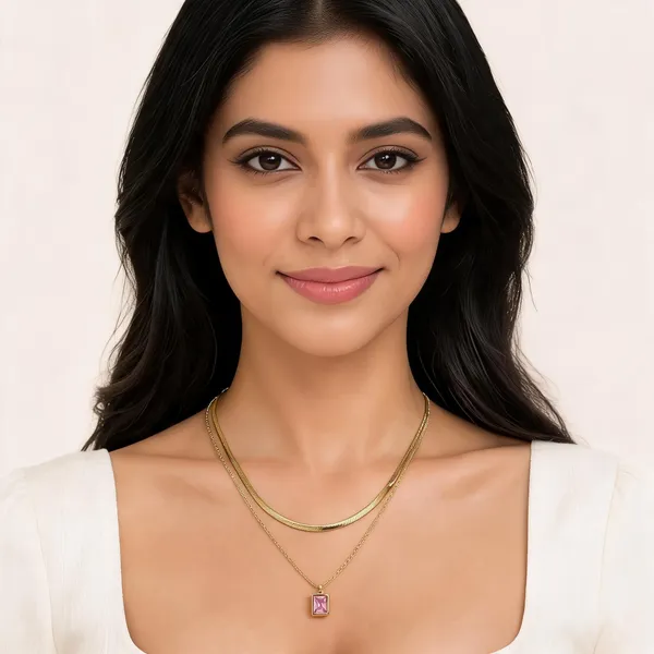 Gold_Stainless_Steel_Pink_Pendant_Layered_Necklace_For_Women