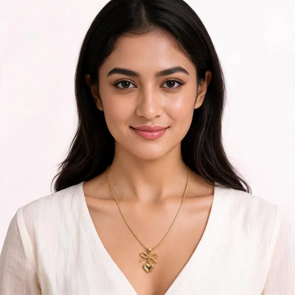 Gold_Tone_Bow_And_Heart_Pendant_Necklace_For_Women