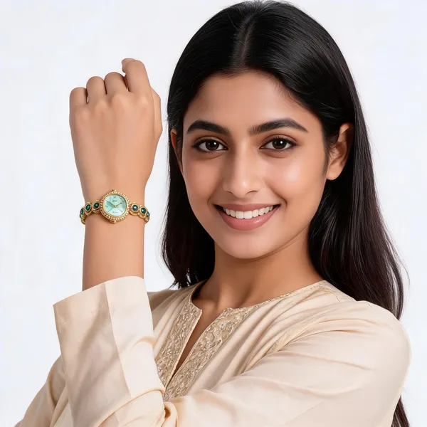 Gold_Green_Stone_Analog_Bracelet_Watch_For_Women