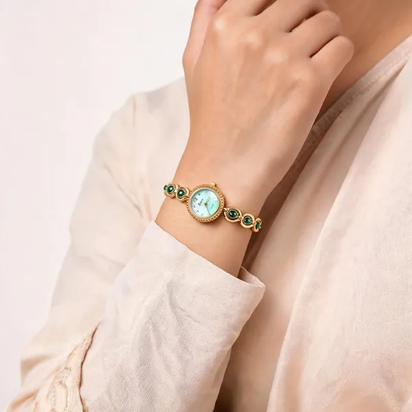 Gold_Green_Stone_Analog_Bracelet_Watch_For_Women