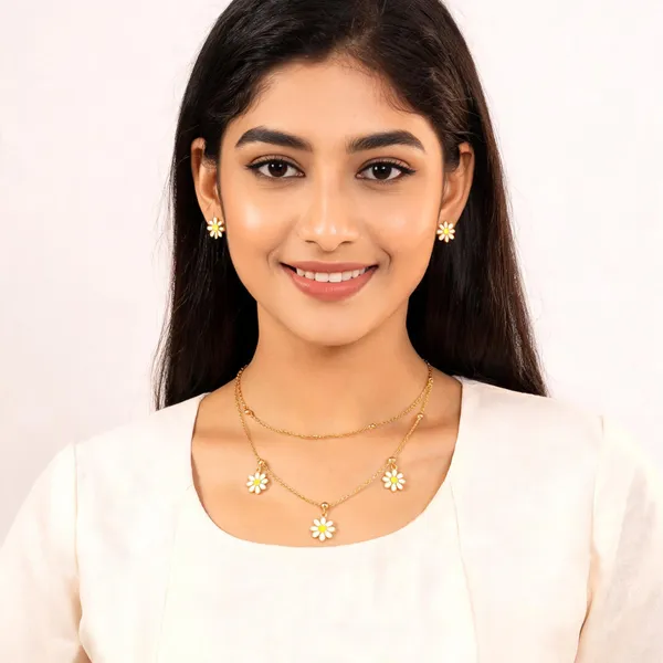 Gold_Stainless_Steel_Daisy_Layered_Necklace_And_Earrings_Set_For_Women
