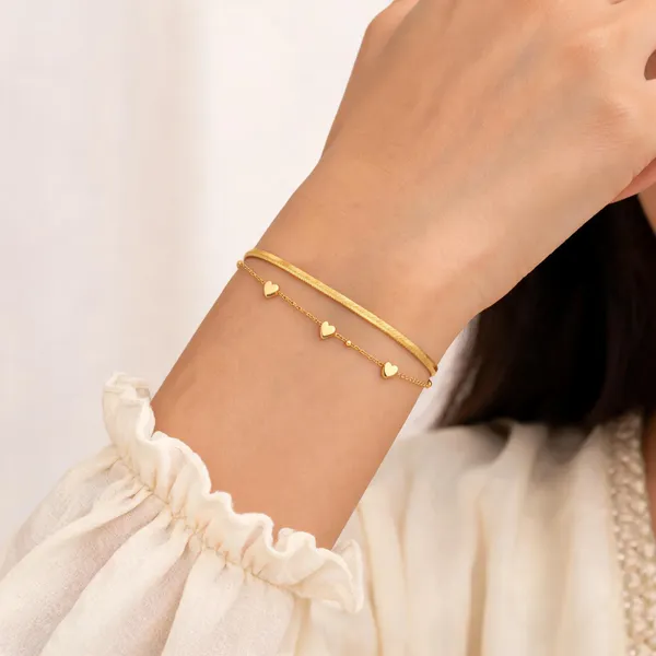 Gold_Tone_Double_Layer_Heart_Charm_Bracelet_For_Women