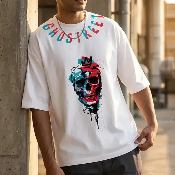 White_Cotton_Oversized_Crowned_Skull_Graphic_T-Shirt_For_Unisex