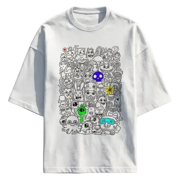 White_Cotton_Oversized_Doodle_Monster_Graphic_T-Shirt_For_Unisex
