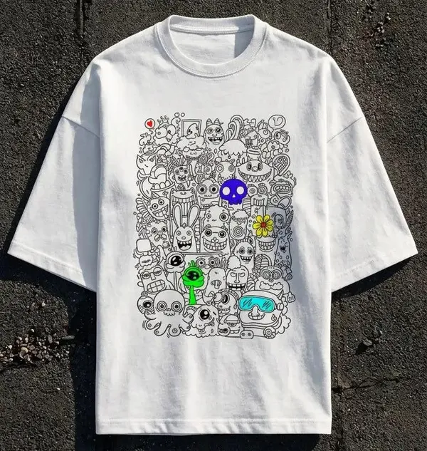 White_Cotton_Oversized_Doodle_Monster_Graphic_T-Shirt_For_Unisex