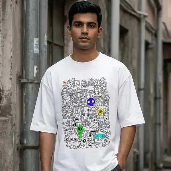 White_Cotton_Oversized_Doodle_Monster_Graphic_T-Shirt_For_Unisex