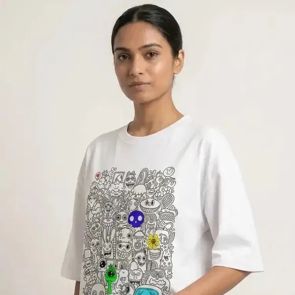 White_Cotton_Oversized_Doodle_Monster_Graphic_T-Shirt_For_Unisex