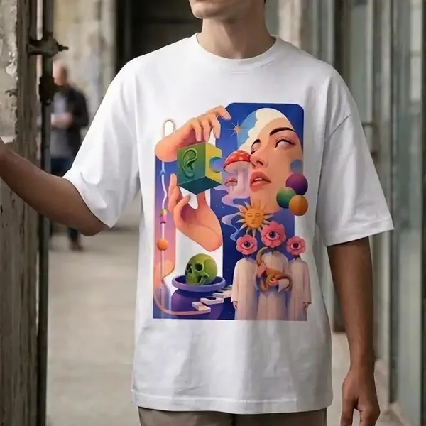 White_Cotton_Oversized_Trippy_Surrealist_Drop_Shoulder_T-Shirt_For_Unisex