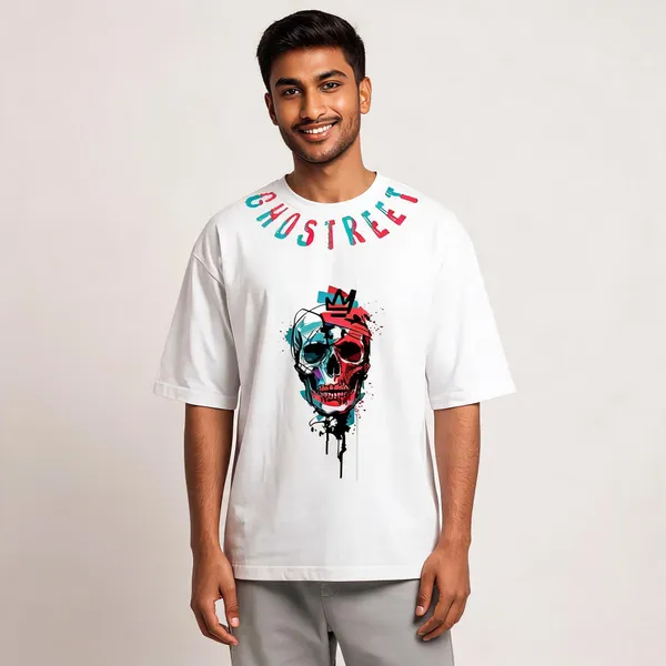 White_Cotton_Oversized_Crowned_Skull_Graphic_T-Shirt_For_Unisex