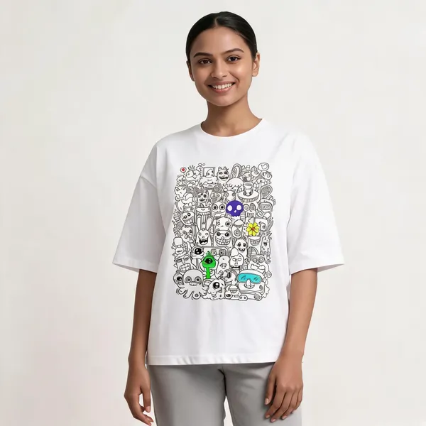 White_Cotton_Oversized_Doodle_Monster_Graphic_T-Shirt_For_Unisex