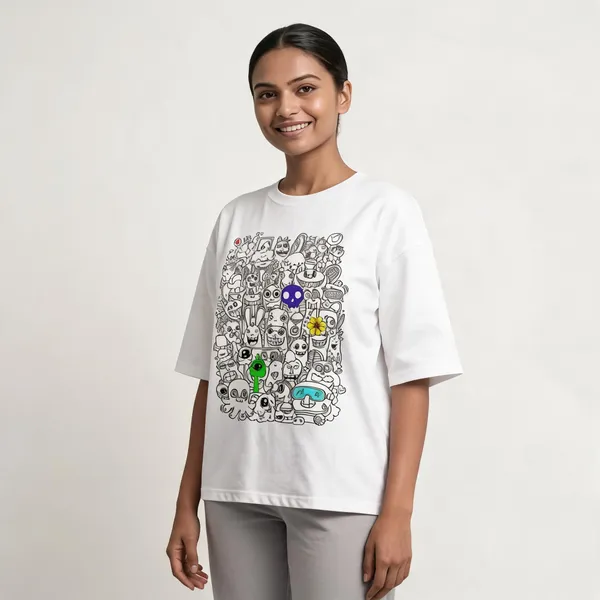 White_Cotton_Oversized_Doodle_Monster_Graphic_T-Shirt_For_Unisex