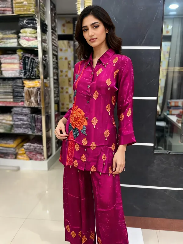 Magenta_Floral_Print_Straight_Three-Quarter_Sleeve_Kurta_Set_For_Women
