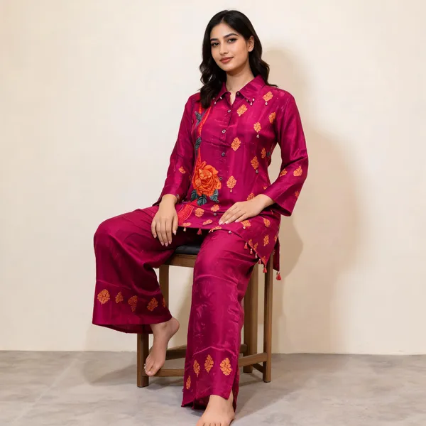 Magenta_Floral_Print_Straight_Three-Quarter_Sleeve_Kurta_Set_For_Women