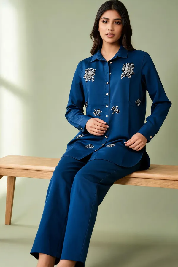 Blue_Satin_Floral_Embroidered_Kurta_Set_For_Men