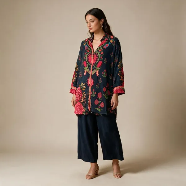 Navy_Floral_Print_Button-Down_Kurta_For_Women