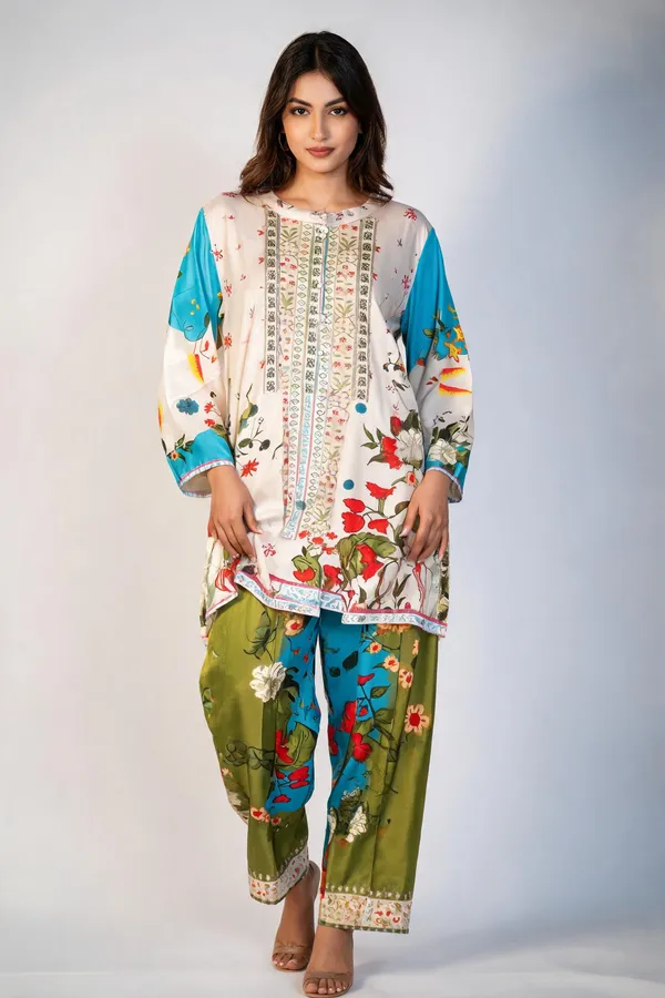 Multicolour_Floral_Print_Three-Quarter_Sleeve_Kurta_Set_For_Women