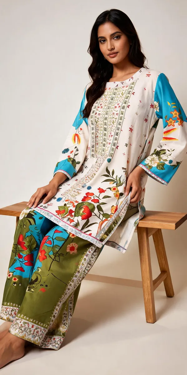 Multicolour_Floral_Print_Three-Quarter_Sleeve_Kurta_Set_For_Women