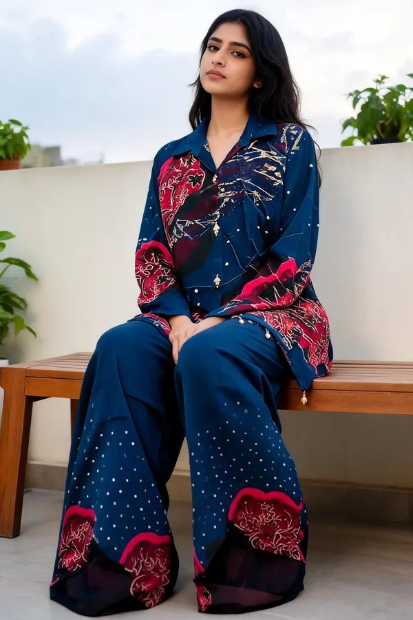 Blue_Floral_Print_Relaxed_Wide-Leg_Kurta_Set_For_Women