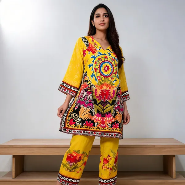 Yellow_Floral_Print_Straight_Kurta_Set_For_Women