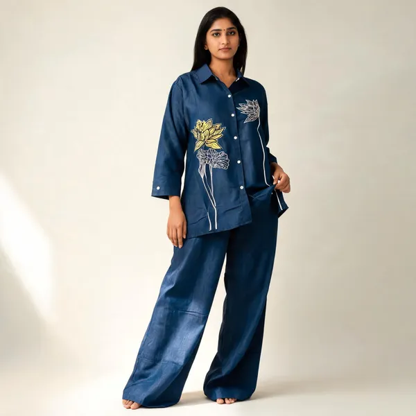 Blue_Satin_Floral_Print_Relaxed_Kurta_Set