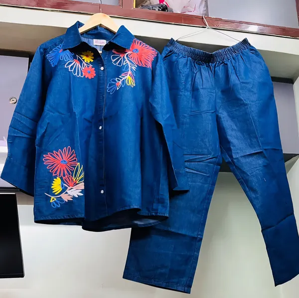 Blue_Denim_Embroidered_Kurta_Pant_Set_for_Women