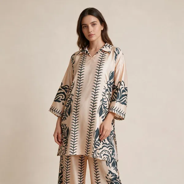 Cream_Relaxed_Wide_Sleeve_Kaftan_Dress_Set_For_Women