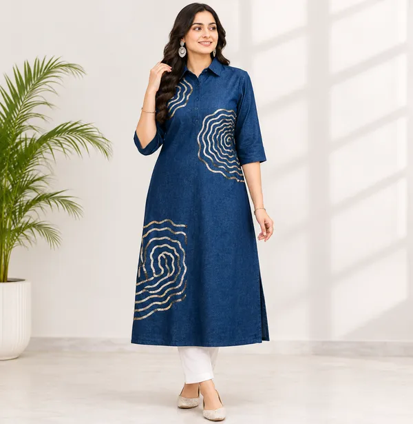Blue_Embroidered_Relaxed_Longline_Kurta_For_Women