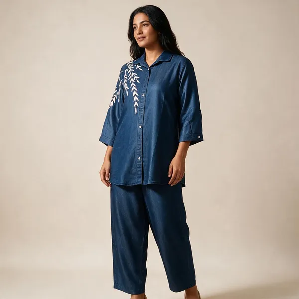 Blue_Leafy_Print_Straight_Kurta_Pajama_Set_For_Women