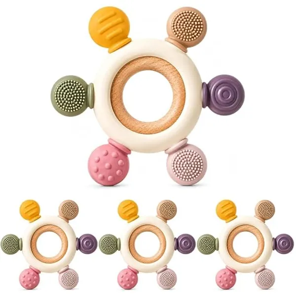 Multicolour_Silicone_Wooden_Baby_Teething_Rattle_For_Infants_-_Pack_of_2