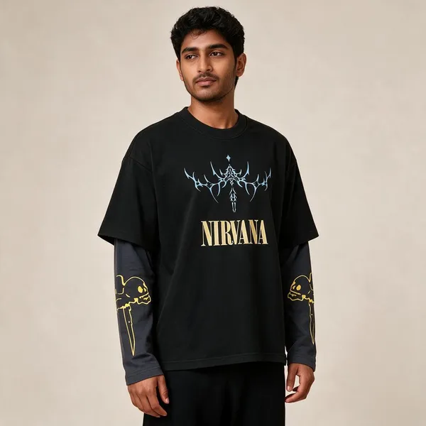 Black_&_Grey_Cotton_Layered_Graphic_T-Shirt_For_Men