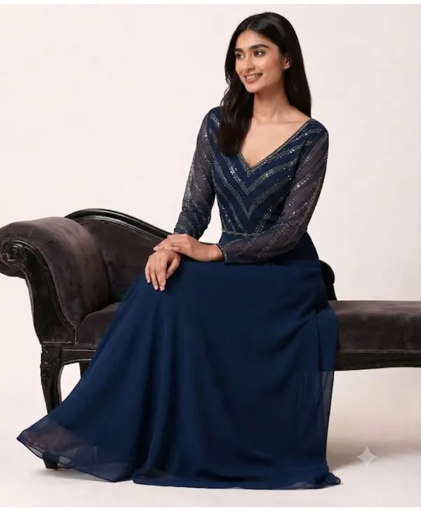 Navy_Georgette_Mesh_Chevron_Flare_Gown_For_Women