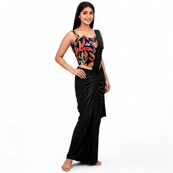 Black_Lycra_Embroidered_Pre-Draped_Saree_For_Women