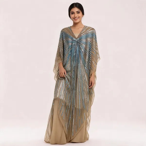 Beige_Net_Sequin_Striped_Kaftan_Dress_For_Women