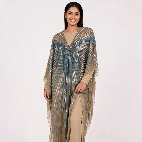 Beige_Net_Sequin_Striped_Kaftan_Dress_For_Women