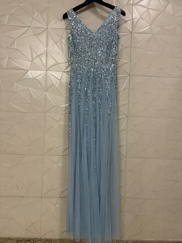 Light_Blue_Net_Sequin_Sleeveless_Long_Gown_For_Women