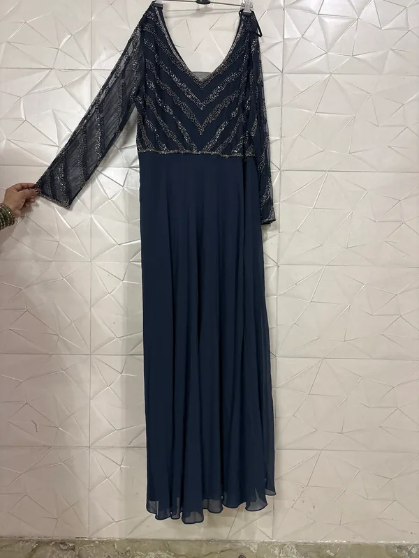 Navy_Georgette_Mesh_Chevron_Flare_Gown_For_Women