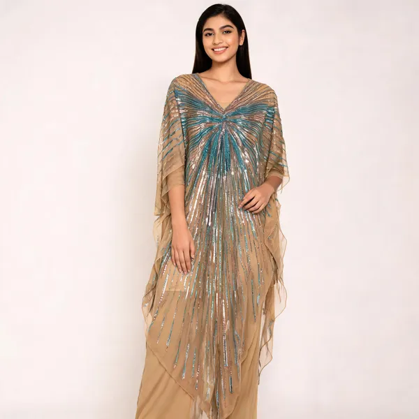 Beige_Net_Sequin_Kaftan_Dress_For_Women