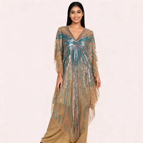 Beige_Net_Sequin_Kaftan_Dress_For_Women