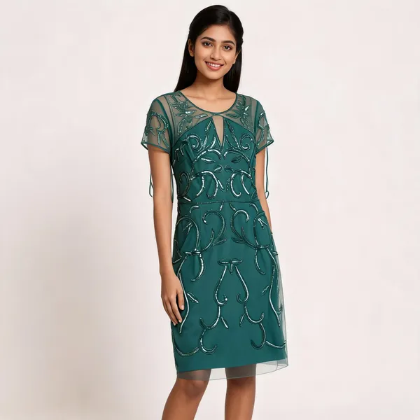 Teal_Net_Sequin_Embellished_Straight_Dress_For_Women