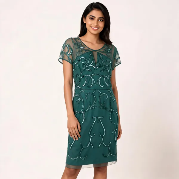 Teal_Net_Sequin_Embellished_Straight_Dress_For_Women