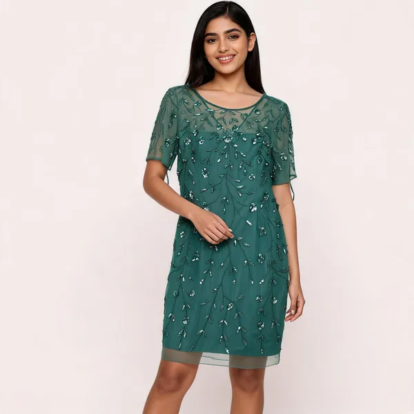 Teal_Net_Sequin_Embellished_Straight_Short_Dress_For_Women