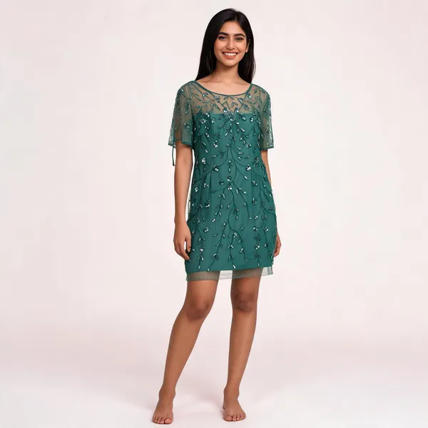 Teal_Net_Sequin_Embellished_Straight_Short_Dress_For_Women
