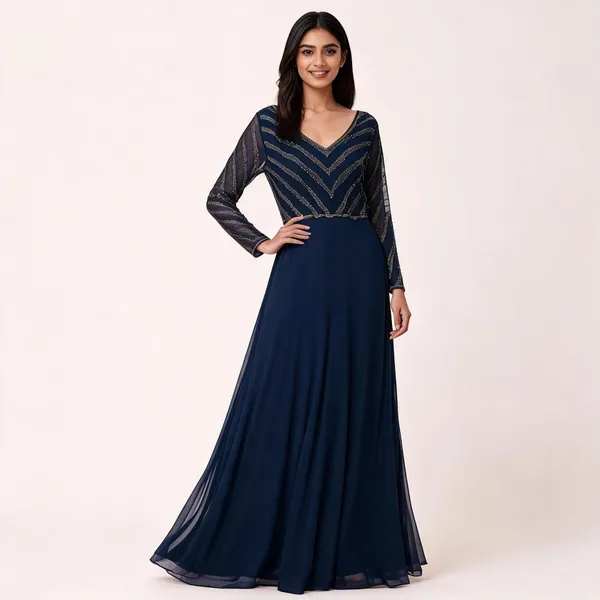 Navy_Georgette_Mesh_Chevron_Flare_Gown_For_Women