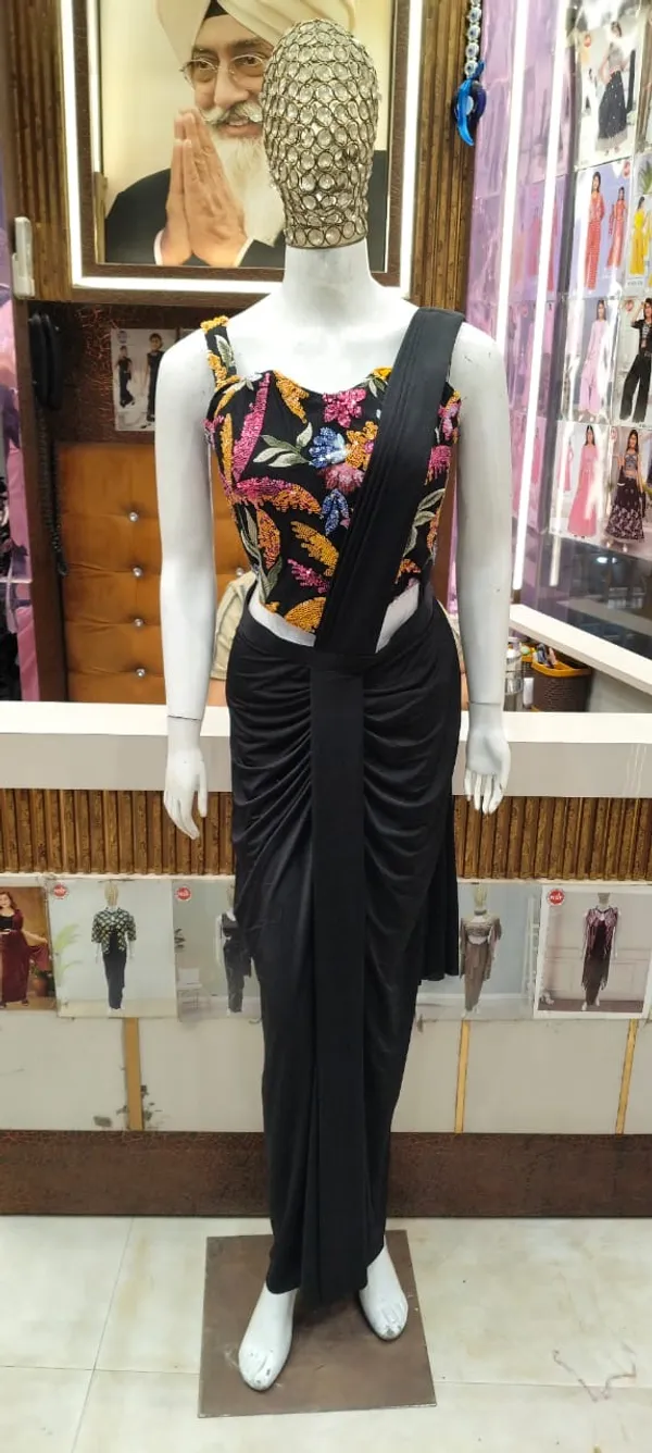Black_Lycra_Embroidered_Pre-Draped_Saree_For_Women