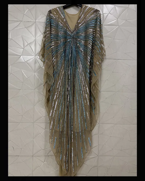 Beige_Net_Sequin_Striped_Kaftan_Dress_For_Women