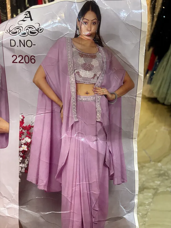 Lavender_Georgette_Embellished_Indo_Western_Saree_Set_For_Women