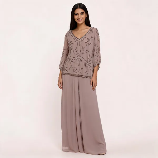 Taupe_Georgette_Embellished_Wide_Leg_Jumpsuit_For_Women
