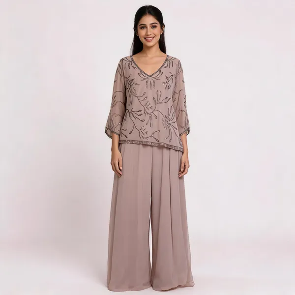 Taupe_Georgette_Embellished_Wide_Leg_Jumpsuit_For_Women
