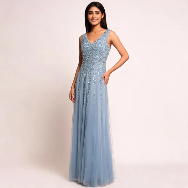 Light_Blue_Net_Sequin_Sleeveless_Long_Gown_For_Women